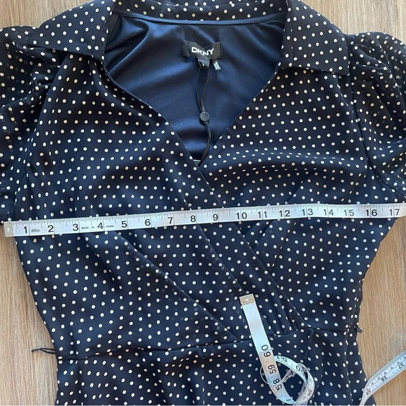 DKNY Navy Blue Polka Dot Collared Fit & Flare Long Sleeve Midi Dress Sz 6 - Picture 8 of 10
